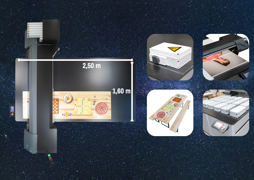 UV-Großformatdrucker mit 2,50 m × 1,60 m Druckfläche und Beispielen bedruckter Objekte wie Spielebretter, Metallboxen und Werbeschilder.